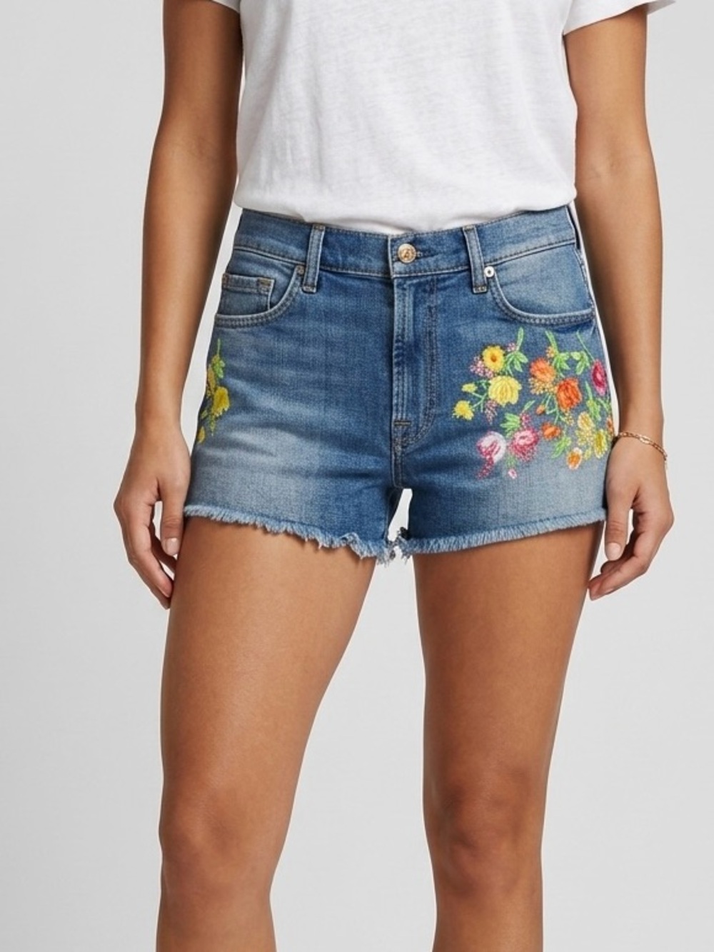 7 For All Mankind Blue Denim Shorts with Multicolor Floral Embroidery